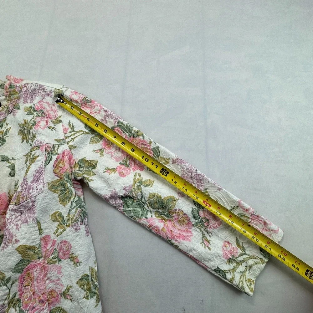 Analogy Denim Jacket Women L Pink White Floral Long Sleeve Stretch Button Front